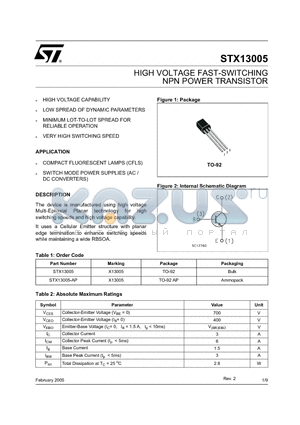 STX13005-AP datasheet - HIGH VOLTAGE FAST-SWITCHING NPN POWER TRANSISTOR