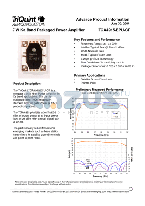 TGA4915-EPU-CP datasheet - 7 W Ka Band Packaged Power Amplifier