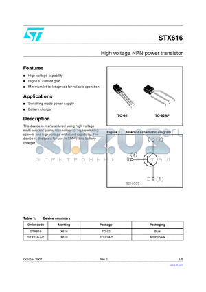 STX616 datasheet - High voltage NPN power transistor