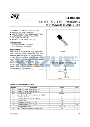 STX83003 datasheet - HIGH VOLTAGE FAST-SWITCHING NPN POWER TRANSISTOR