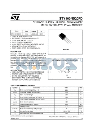 STY100NS20FD datasheet - N-CHANNEL 200V - 0.022ohm - 100A Max247 MESH OVERLAY Power MOSFET