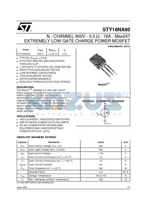 STY16NA90 datasheet - N - CHANNEL 900V - 0.5 ohm - 16A - Max247 EXTREMELY LOW GATE CHARGE POWER MOSFET