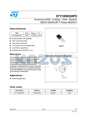 STY100NS20FD datasheet - N-channel 200V - 0.022Y - 100A - Max247 MESH OVERLAY Power MOSFET