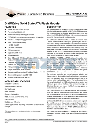 WED7GXXXATA33 datasheet - DIMMDrive Solid State ATA Flash Module