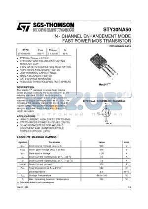 STY30NA50 datasheet - N - CHANNEL ENHANCEMENT MODE FAST POWER MOS TRANSISTOR