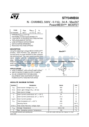 STY34NB50 datasheet - N - CHANNEL 500V - 0.11ohm - 34 A - Max247 PowerMESH MOSFET