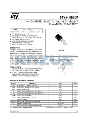 STY34NB50F datasheet - N - CHANNEL 500V - 0.11ohm - 34 A - Max247 PowerMESH  MOSFET