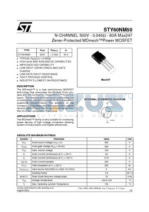 STY60NM50 datasheet - N-CHANNEL 500V - 0.045ohm - 60A Max247 Zener-Protected MDmeshPower MOSFET