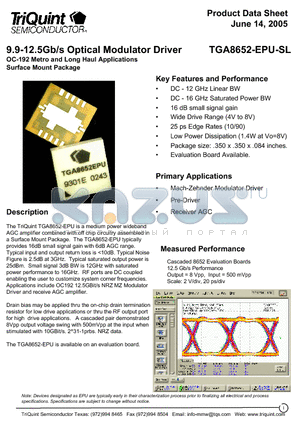 TGA8652-EPU-SL datasheet - 9.9-12.5Gb/s Optical Modulator Driver