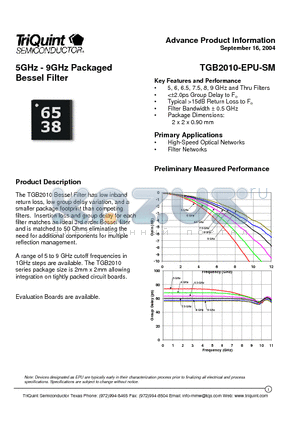 TGB2010-00-EPU-SM datasheet - 5GHz - 9GHz Packaged Bessel Filter