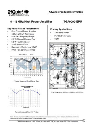 TGA9092 datasheet - 6 - 18 GHz High Power Amplifier