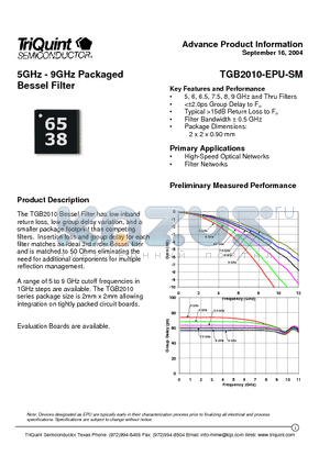 TGB2010-60-EPU-SM datasheet - 5GHz - 9GHz Packaged Bessel Filter