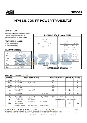 TPV375 datasheet - NPN SILICON RF POWER TRANSISTOR