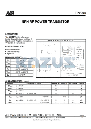 TPV394 datasheet - NPN RF POWER TRANSISTOR