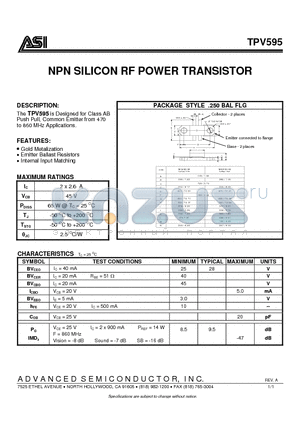 TPV595 datasheet - NPN SILICON RF POWER TRANSISTOR