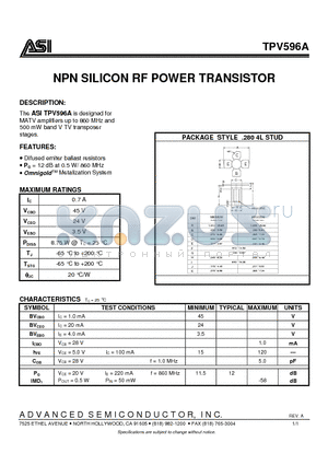 TPV596A datasheet - NPN SILICON RF POWER TRANSISTOR