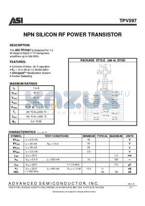 TPV597 datasheet - NPN SILICON RF POWER TRANSISTOR