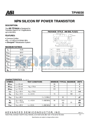 TPV6030 datasheet - NPN SILICON RF POWER TRANSISTOR