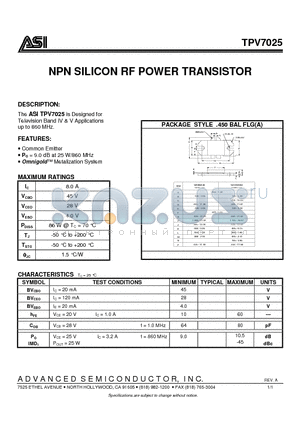 TPV7025 datasheet - NPN SILICON RF POWER TRANSISTOR