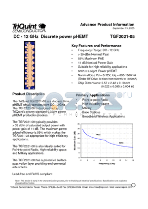 TGF2021-08 datasheet - DC - 12 GHz Discrete power pHEMT