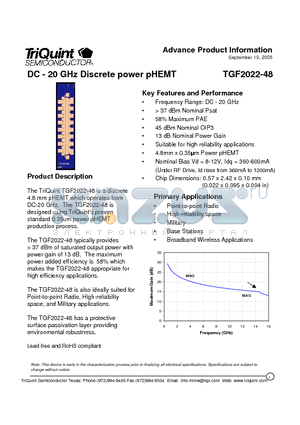 TGF2022-48 datasheet - DC - 20 GHz Discrete power pHEMT