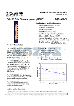 TGF2022-60 datasheet - DC - 20 GHz Discrete power pHEMT