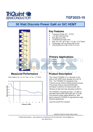 TGF2023-10 datasheet - 50 Watt Discrete Power GaN on SiC HEMT