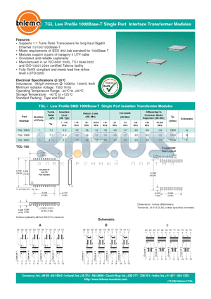 TGL-100C datasheet - TGL Low Profile 1000Base-T Single Port Interface Transformer Modules