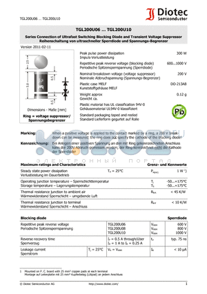 TGL200U06 datasheet - Series Connection of Ultrafast Switching Blocking Diode and Transient Voltage Suppressor