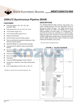 WEDPY256K72V-133BM datasheet - 256Kx72 Synchronous Pipeline SRAM