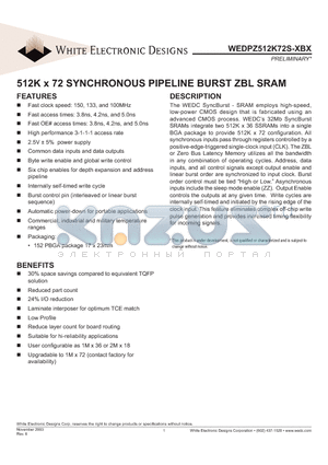 WEDPZ512K72S-133BC datasheet - 512K x 72 SYNCHRONOUS PIPELINE BURST ZBL SRAM