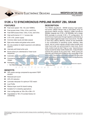 WEDPZ512K72S-150BC datasheet - 512K x 72 SYNCHRONOUS PIPELINE BURST ZBL SRAM