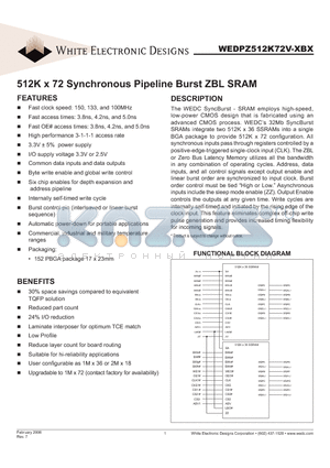 WEDPZ512K72V-133BC datasheet - 512K x 72 Synchronous Pipeline Burst ZBL SRAM