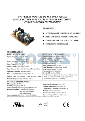 TPVI20-10B datasheet - UNIVERSAL INPUT AC-DC PCB OPEN FRAME SINGLE OUTPUT 10-25 WATTS INTERNAL SWITCHING POWER SUPPLIES TPVI20 SERIES