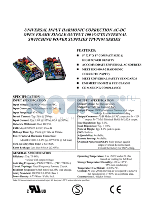 TPVP103-033200 datasheet - UNIVERSAL INPUT HARMONIC CORRECTION AC-DC OPEN FRAME SINGLE OUTPUT 100 WATTS INTERNAL SWITCHING POWER SUPPLIES TPVP103 SERIES