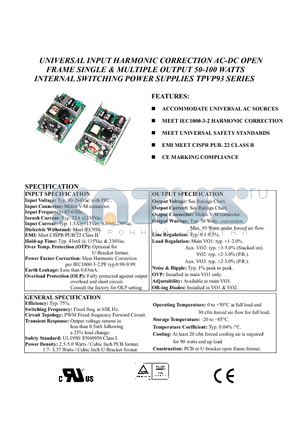 TPVP93-S033250 datasheet - UNIVERSAL INPUT HARMONIC CORRECTION AC-DC OPEN FRAME SINGLE & MULTIPLE OUTPUT 50-100 WATTS INTERNAL SWITCHING POWER SUPPLIES TPVP93 SERIES