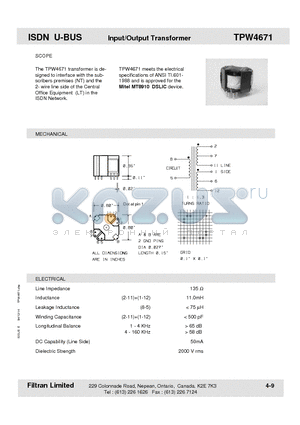TPW4671 datasheet - ISDN U-BUS Input/Output Transformer