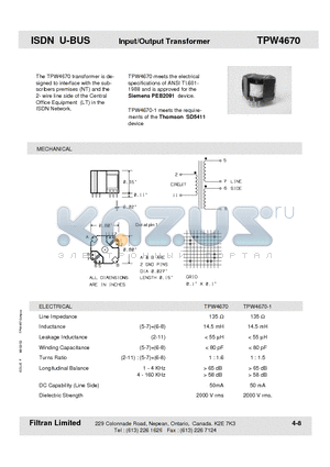 TPW4670-1 datasheet - ISDN U-BUS Input/Output Transformer