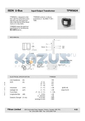 TPW5624 datasheet - ISDN U-Bus Input/Output Transformer