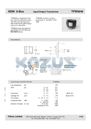 TPW5640 datasheet - ISDN U-Bus Input/Output Transformer