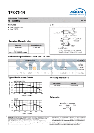 TPX-75-4N datasheet - 50/75-Ohm Transformer 10 - 1500 MHz