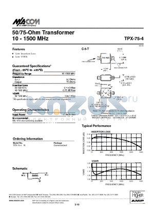 TPX-75-4 datasheet - 50/75-Ohm Transformer 10 - 1500 MHz