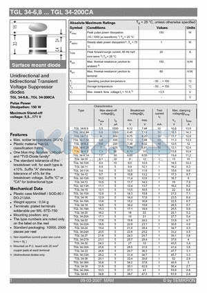 TGL34-200A datasheet - Unidirectional and bidirectional Transient Voltage Suppressor diodes