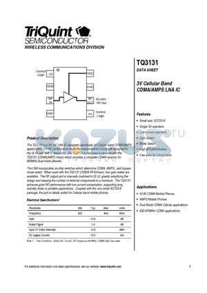 TQ3131 datasheet - 3V Cellular Band CDMA/AMPS LNA IC