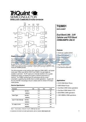 TQ3M31 datasheet - Dual Band LNA: 2.8V, Cellular and PCS Band CDMA/AMPS LNA IC
