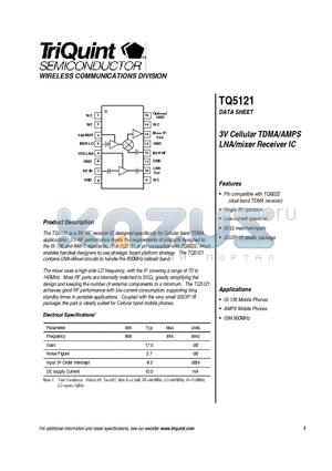 TQ5121 datasheet - 3V Cellular TDMA/AMPS LNA/mixer Receiver IC