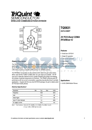 TQ5631 datasheet - 3V PCS Band CDMA RFA/Mixer IC