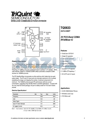 TQ5633 datasheet - 3V PCS Band CDMA RFA/Mixer IC(WIRELESS COMMUNICATIONS DIVISION)