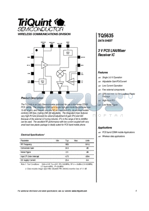 TQ5635 datasheet - 3 V PCS LNA/Mixer Receiver IC