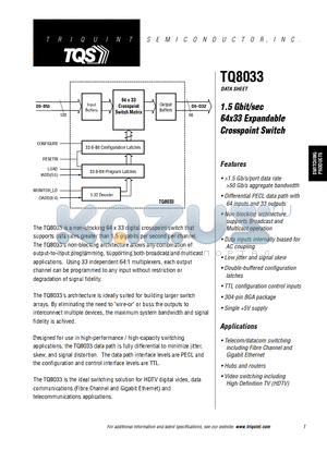 TQ8033 datasheet - 1.5 Gbit/sec 64x33 Expandable Crosspoint Switch